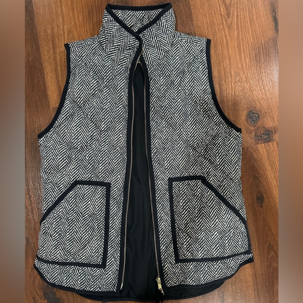 J Crew Women's Fall Vest Black Herringbone Quilted Full Zip Up Mock Neck Size XS